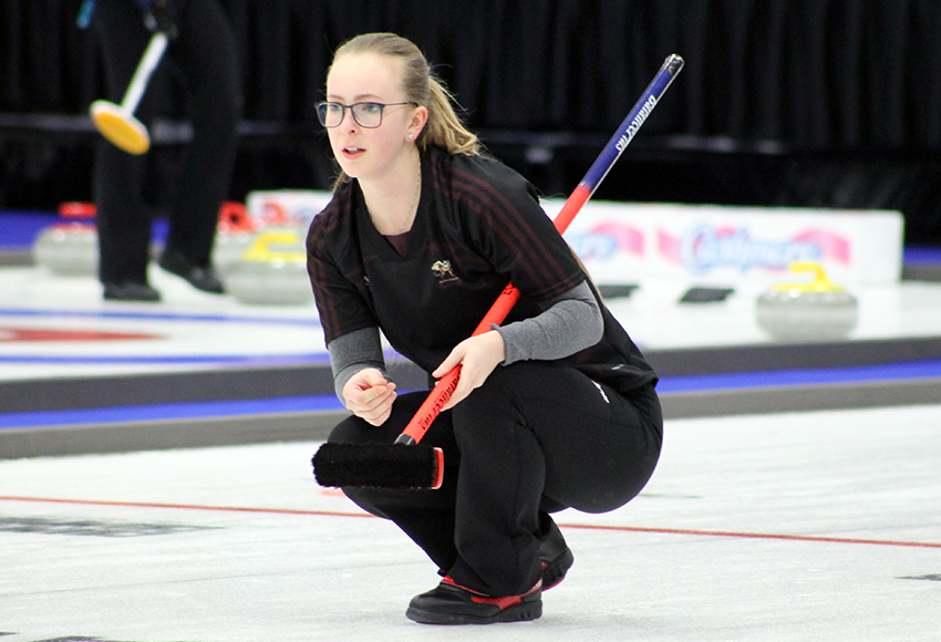 MacEwan third Erin Wells watches a shot during a Tuesday morning match against Fanshawe at the CCAA nationals in Leduc (Jefferson Hagen photo).