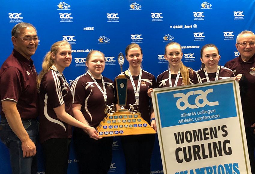 Head coach Tom Kitagawa, left, Taitan Hagglund, Rebecca Bartz, Andie Kurjata, Erin Wells, Ashton Simard and coach Brian Lupul pose with the hardware after winning the 2018-19 ACAC women's curling championship on Sunday in Olds (photo courtesy of Ashton Simard).