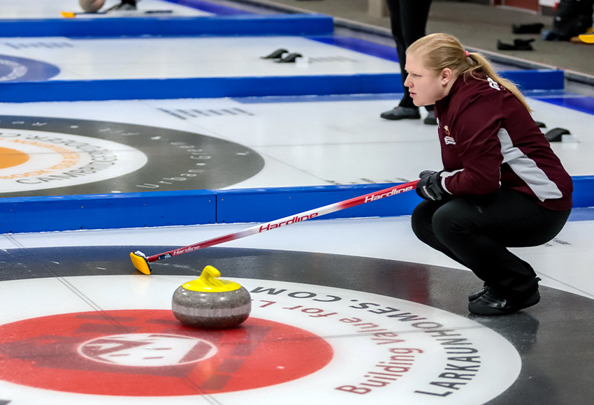 Griffins mixed skip Rebecca Bartz monitors a shot during the ACAC Championship over the weekend in Red Deer (RDC Athletics photo).