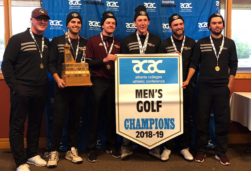The Griffins captured the 2018 ACAC men's golf championship banner and trophy on Sunday. Pictured is head coach Jodi Campbell, left, Josh Gorieu, Reid Woodman, Noah Lubberding, Christian Solkowski and Justin Berget.