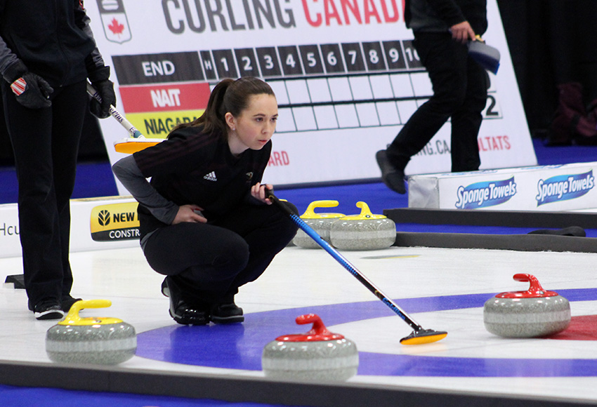 Skip Ashton Simard and the MacEwan women's rink sits atop the ACAC standings at 5-1 entering the ACAC Winter Regional at the Avonair Curling Club this weekend (Jefferson Hagen photo).
