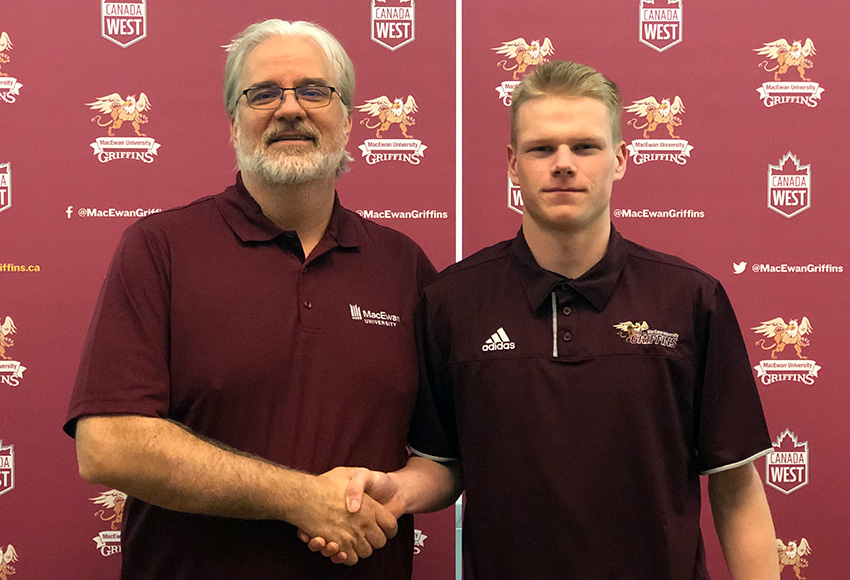 New Griffins men's basketball head coach Mike Connolly, left, is pleased to welcome recruit Colton Halbersma to the Griffins for the 2019-20 Canada West season.