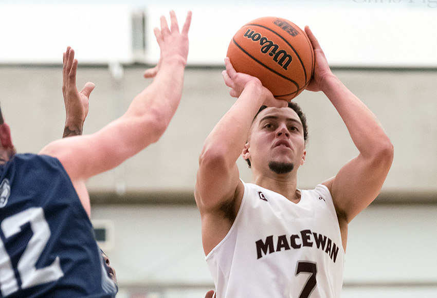 Jake Notice, seen shooting against MRU during a game last season, led the Griffins with 21 points on Thursday against Alberta, but no other MacEwan players hit double digits (Chris Piggott photo).