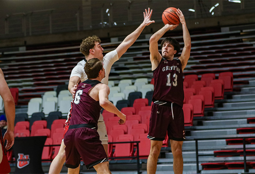 Milan Jaksic puts up a three-pointer against Winnipeg last weekend. The Griffins are back on the road, heading to UBC Okanagan for games Friday and Saturday (David Larkins photo).