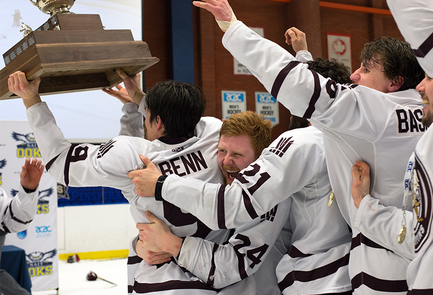 The Griffins celebrated their first ACAC men's hockey championship since 2004 last March. (Len Joudrey photo)