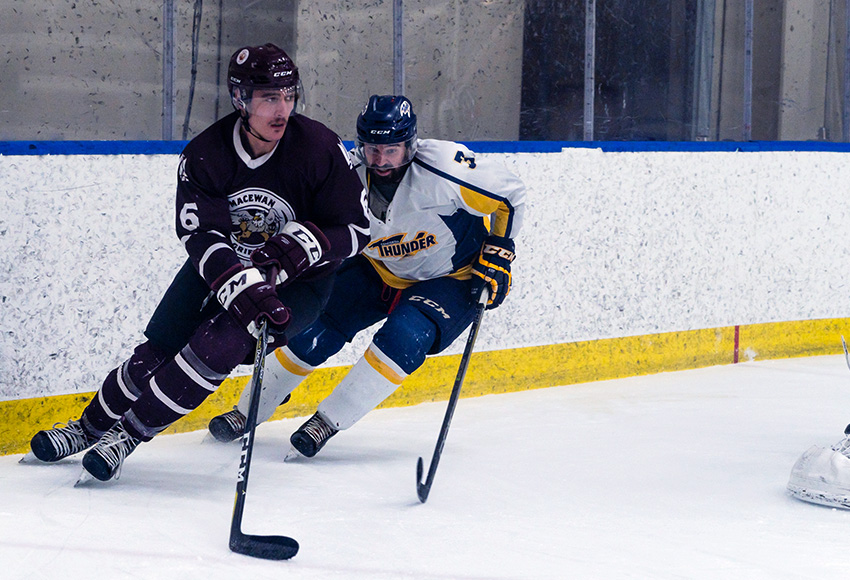 Andrew Kartusch, in action against Concordia earlier this season, has seen growing minutes and responsibilities on the MacEwan blueline this season (Matthew Jacula photo).