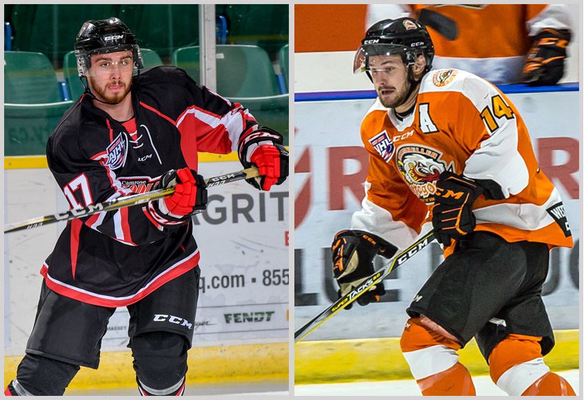 Defenceman Cale Chalifoux, left, of the Camrose Kodiaks and forward Jordan Taupert of the Drumheller Dragons will join the MacEwan Griffins for the 2019-20 ACAC season (Photos: Courtesy of Kodiaks and Dragons - Sean Mascaluk, Pro Sports Photography, left, and Athena Winchester, Broken Curfew Photography, right).