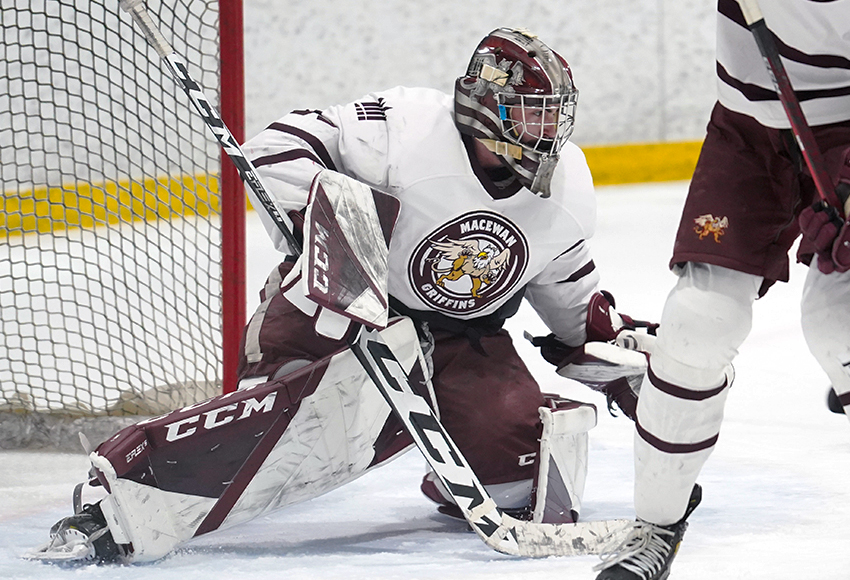 Thomas Davis made 43 saves to lead the Griffins past the Mount Royal Cougars 2-1 in overtime on Saturday night (Ethan Bomhof photo).