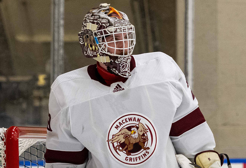 Ashton Abel earned his second shutout of the season with 32 saves for MacEwan in a 2-0 win over Regina on Friday (Derek Harback photo).