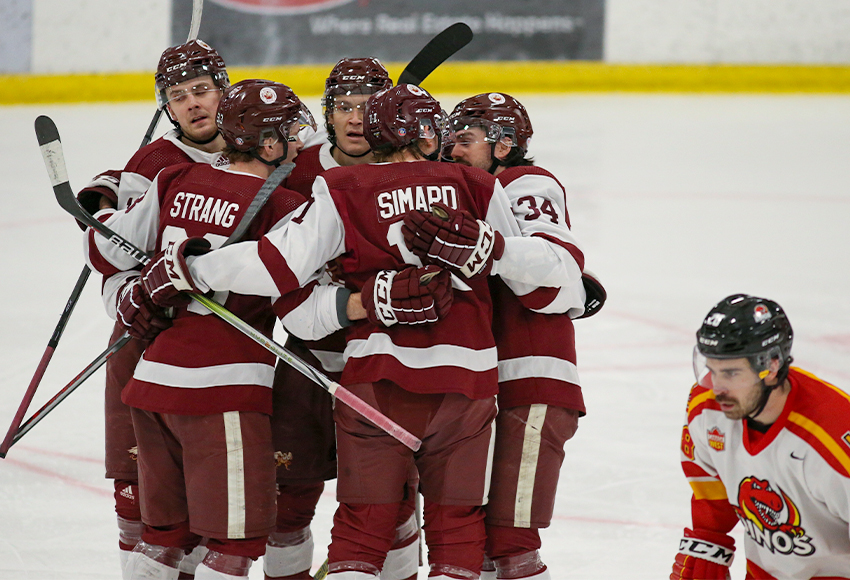 The Griffins celebrate one of their four goals against Calgary on Friday night (Calgary Dinos photo).