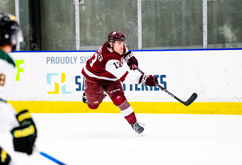 Loeden Schaufler, seen shooting in Friday's game, had two assists for the Griffins on Saturday (Calvin Hui photo).
