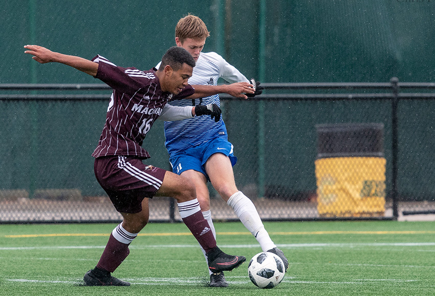 Kapri (Marcus) Simmons battles for possession against Victoria in a game earlier this month. He was among five Griffins players who had to leave Saturday's game at UBC with injuries on Saturday night (Chris Piggott photo).