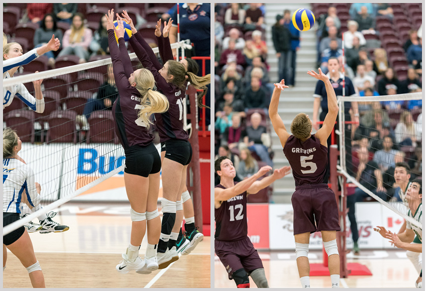 The Griffins volleyball teams will open the season against UBC-Okanagan, left, but will not host cross-town rival Alberta this season, instead meeting them twice at the Saville Centre (Chris Piggott photos),