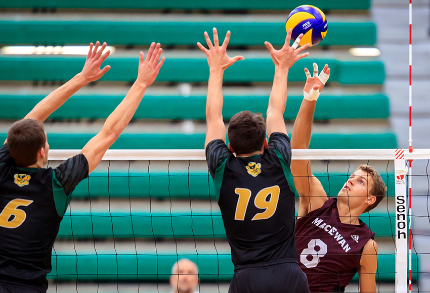 Kai Hesthammer hits against the Golden Bears during a preseason match at the Saville in September. Hesthammer had 16 kills for the Griffins in a 3-1 loss to Alberta on Friday (Robert Antoniuk photo).
