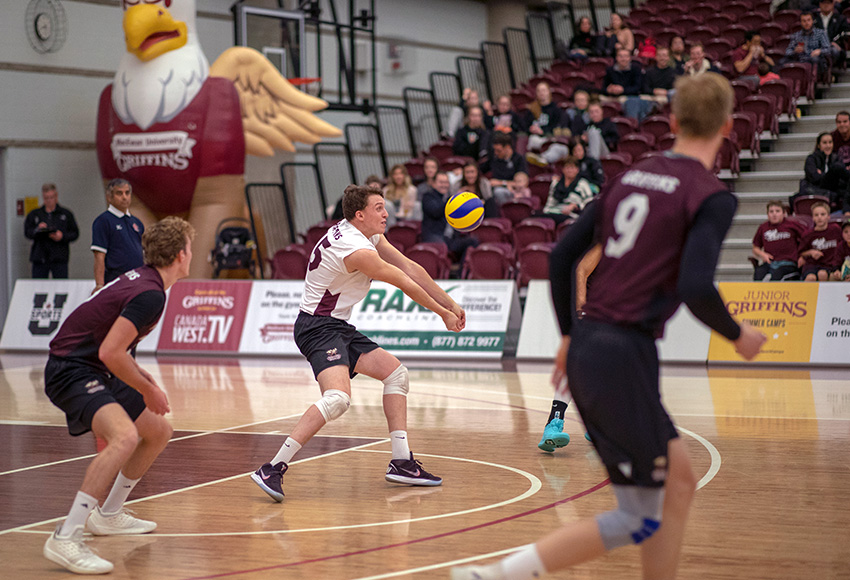 MacEwan libero David Morgan bumps a ball during matches earlier this month. Solid passing will be required this weekend if the Griffins are to have success against Thompson Rivers University (Eduardo Perez photo).
