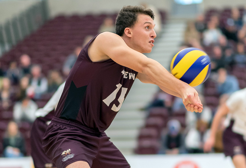 David Morgan has 80 digs in 10 matches - tied for fourth best in the Canada West men's volleyball ranks (Chris Piggott photo).