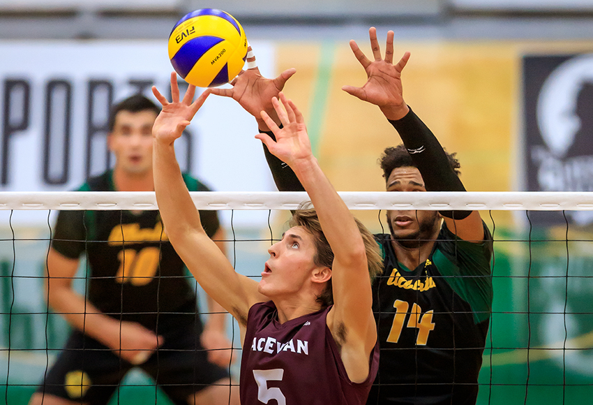Caleb Weiss sets a ball against the University of Alberta Golden Bears during a non-conference match on Sept. 22 at the Saville Centre (Robert Antoniuk photo).