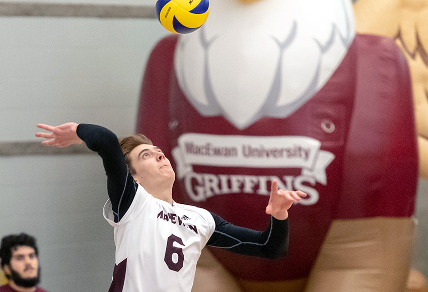Noah Johnson had one of his best games as a Griffin in MacEwan's loss to Calgary on Friday night, posting five kills on .300 efficiency, adding five blocks (Chris Piggott photo).