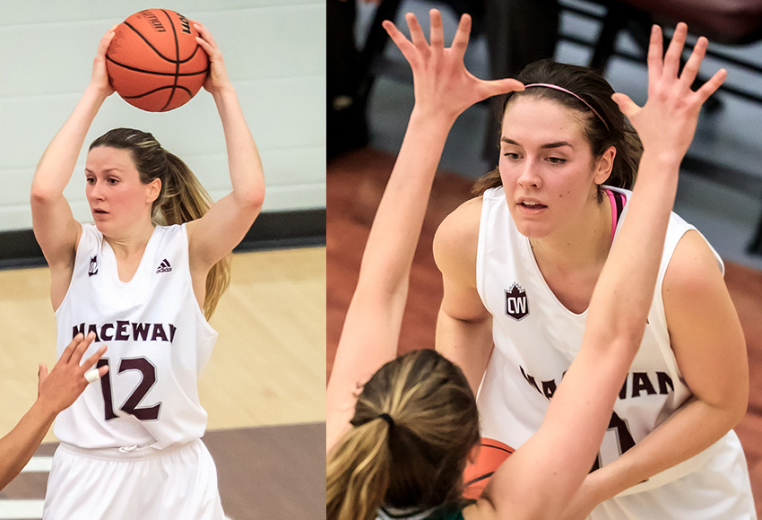 Kayla Ivicak, left, and Paige Knull leave it all on the court for the Griffins. As tangible evidence of their intensity, both are in the top six in Canada West for steals (Robert Antoniuk photos).