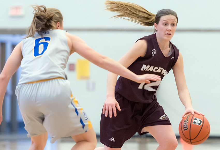 Kayla Ivicak, seen in action against Lethbridge last weekend, recorded her third double-double of the season on Friday, leading MacEwan to a win over Manitoba (Chris Piggott photo).