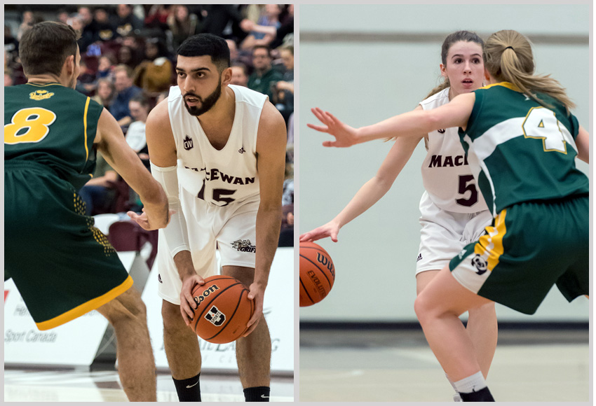 Ali Raza and the Griffins men's basketball team, left, and Mady Chamberlin and the Griffins women's squad will open the 2018-19 season against familiar Edmonton rival Alberta on Oct. 25 and 27 (Chris Piggott photo).