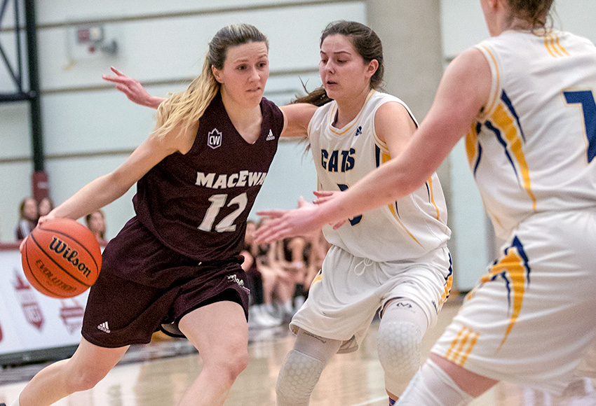 Kayla Ivicak drives around the Brandon defence on Saturday night. She scored 16 points in her final home game (Eduardo Perez photo).
