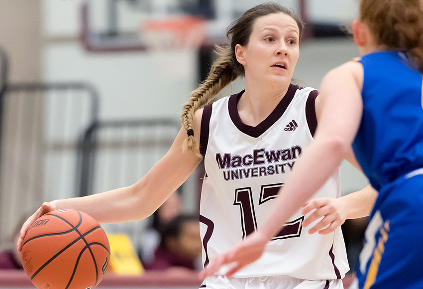Kayla Ivicak, seen against Lethbridge in a game last season, had a terrific effort on Friday with a 14-point, 12-rebound double-double against the Pronghorns, but the Griffins fell to defeat on the back of 31 total turnovers (Chris Piggott photo).