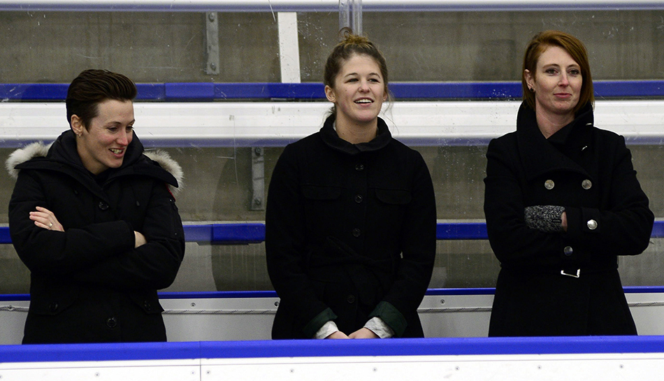 Danielle Bourgeois, left, is one of four former University of Alberta Pandas on the Griffins women's hockey coaching staff, joining Katie Stewart, head coach Lindsay McAlpine and Lindsay Inglis (not pictured) in guiding the Griffins to the 2016-17 ACAC Championship (Len Joudrey photo).