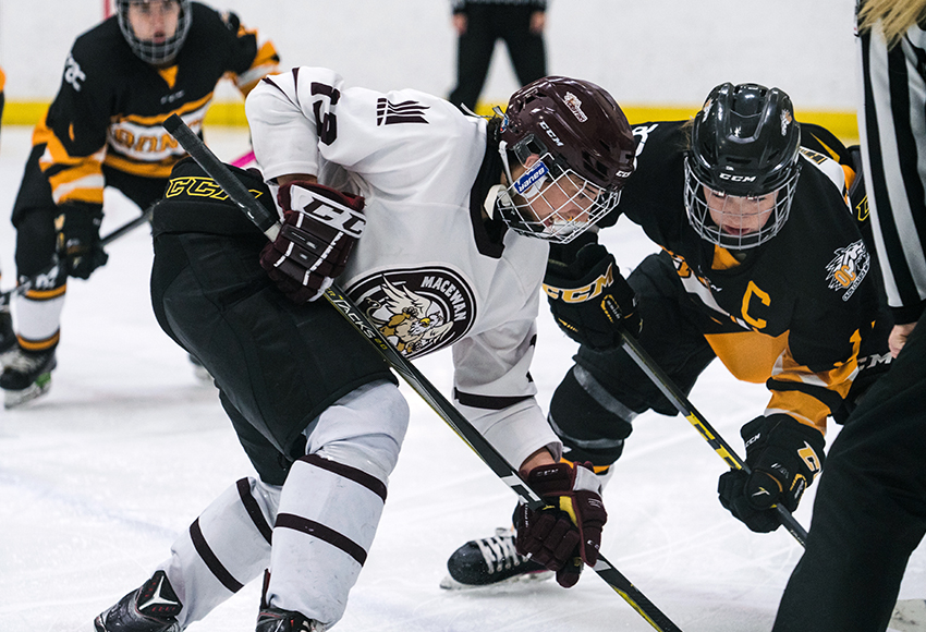 Chantal Ricker squares off against Olds during a game earlier this season. She was a big factor in MacEwan's 3-0 win over the Broncos on Thursday night, potting a goal and an assist (Matthew Jacula photo).