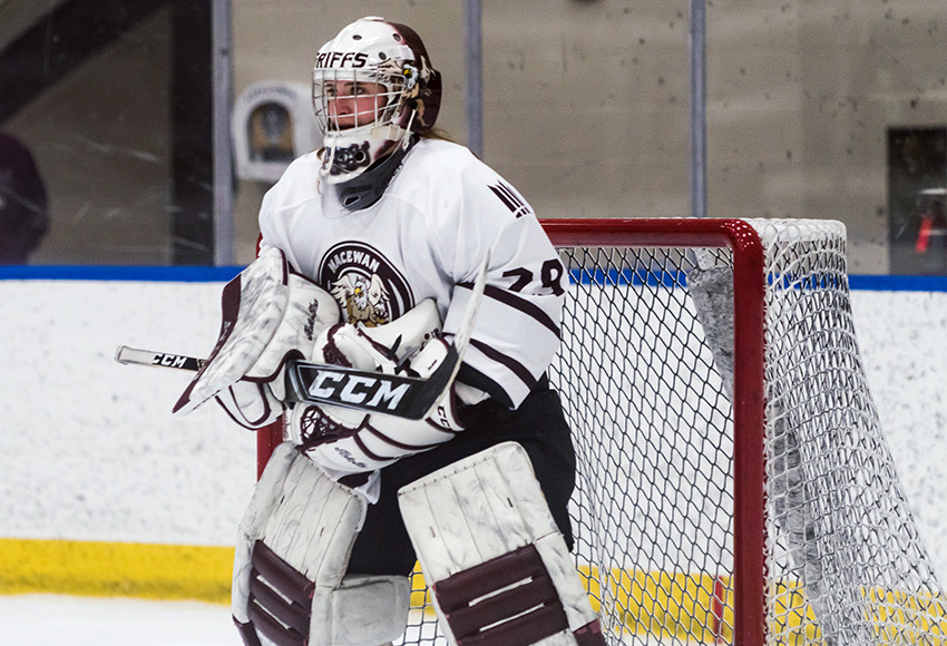 Natalie Bender made 17 saves as the Griffins shut out the visiting Red Deer College Queens 2-0 on Saturday night (Matthew Jacula photo).