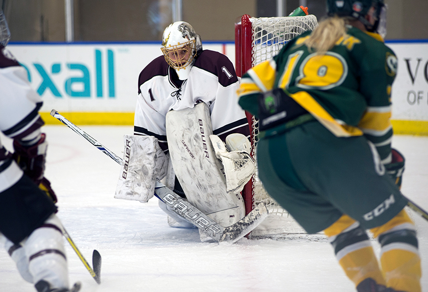 MacEwan Griffins goaltender Sandy Heim stares down the U of A Pandas attack during preseason action against them last year. The Griffins will host the Pandas on Friday (4 p.m., Downtown Community Arena) (Len Joudrey photo).