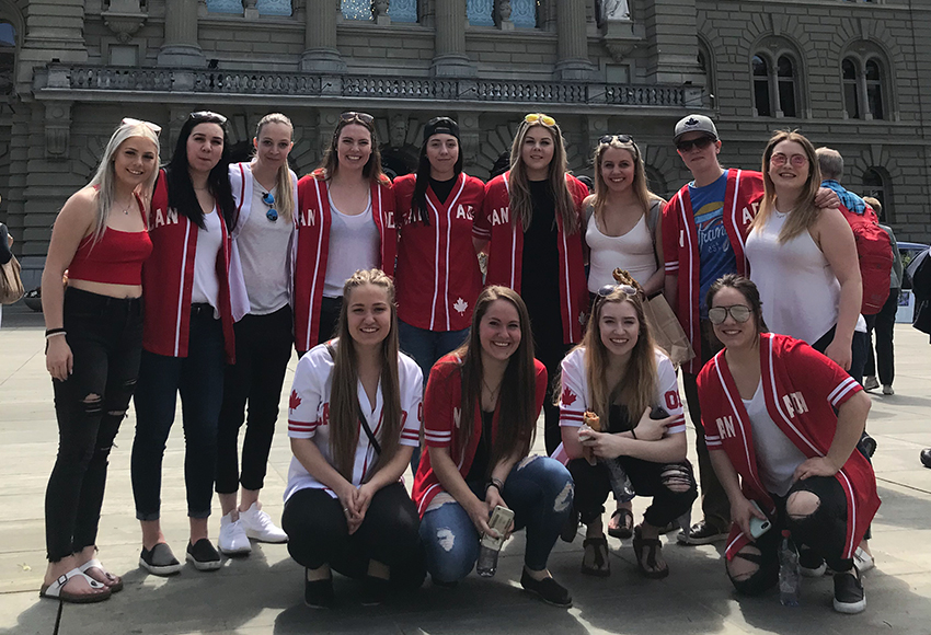 Griffins players pose in front of the Bern Legislature building during their trip to Europe last spring. Pictured is (back, left to right) Jill MacWilliam, Breanna Golosky, Dominique Scheurer, Carley Jewell, Chantal Ricker, Courtney Beierbach, Beth Taylor, Raven Beazer, Raylene Emerson, (front, left to right) Shanya Shwetz, Katresa Shwetz, Amanda Murray and Morgan Casson.