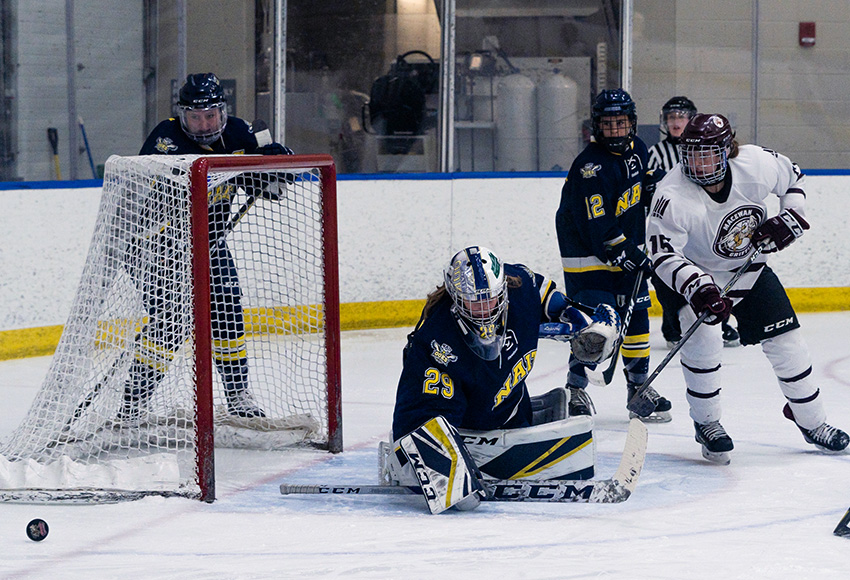 Kaitlyn Slator, seen making a save off Karlie Bell during a game earlier this season, was again the diffference as NAIT beat MacEwan 2-1 in a shootout on Saturday night (Matthew Jacula photo).