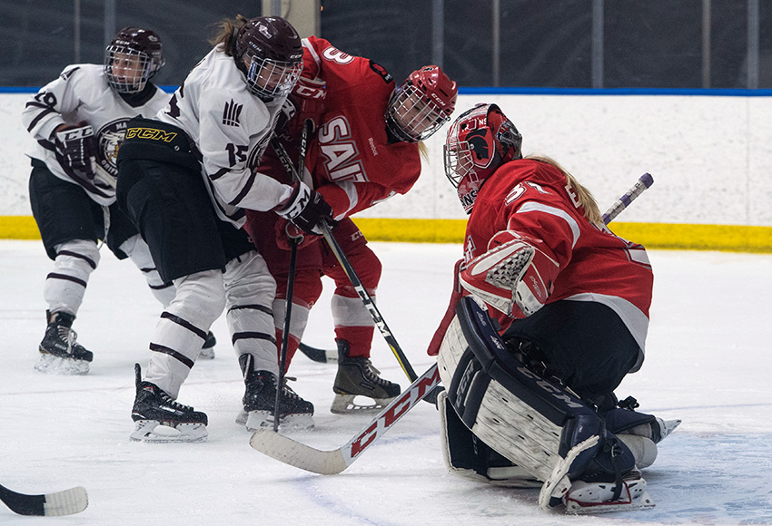 Karlie Bell and the rest of the Griffins were stymied by SAIT goaltender Elisha Oswald, who made 43 saves on Friday night. But, MacEwan managed to score once on her to score a 1-0 win (Matthew Jacula photo).