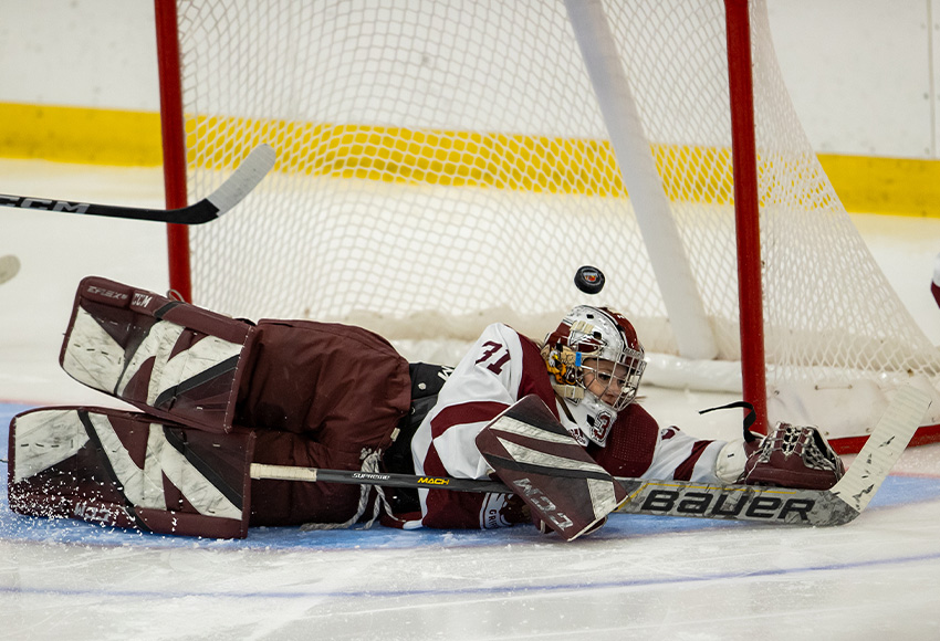 Brianna Sank makes one of her 39 saves during a 3-0 win over Calgary on Friday (Chris Lindsey photo).