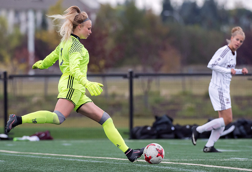 Griffins goalkeeper Emily Burns - shown moving the ball upfield against UFV last weekend - made eight saves against UBC on Friday night in Vancouver, but had no chance on the three she allowed (Chris Piggott photo).