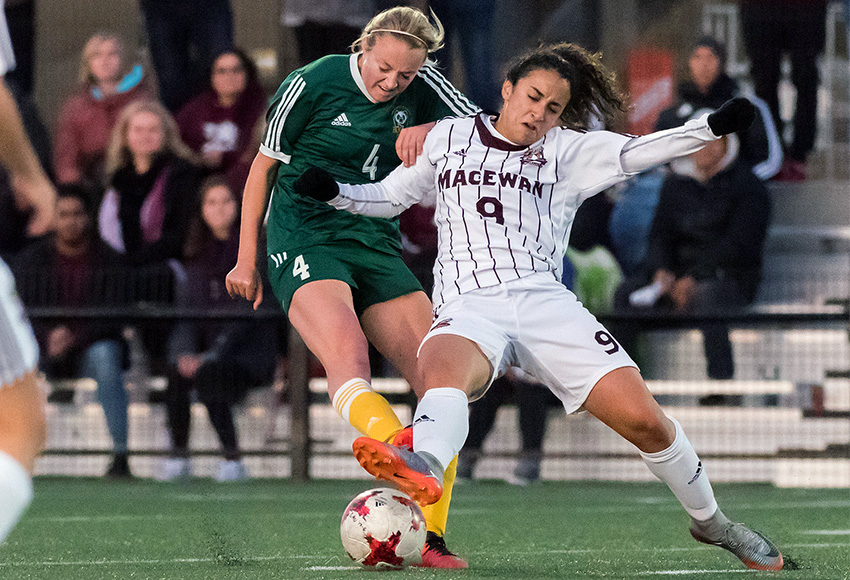 Suekiana Choucair battles for the ball with Alberta's Sydney Daines during a recent match. Choucair and the Griffins face more tough tasks as they visit UBC and Victoria this weekend (Chris Piggott photo).