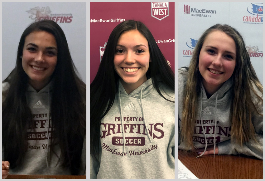 Alina Srochenski, left, Audrey French and Cassidy Hodgson have signed on with the Griffins for the 2018 Canada West season.