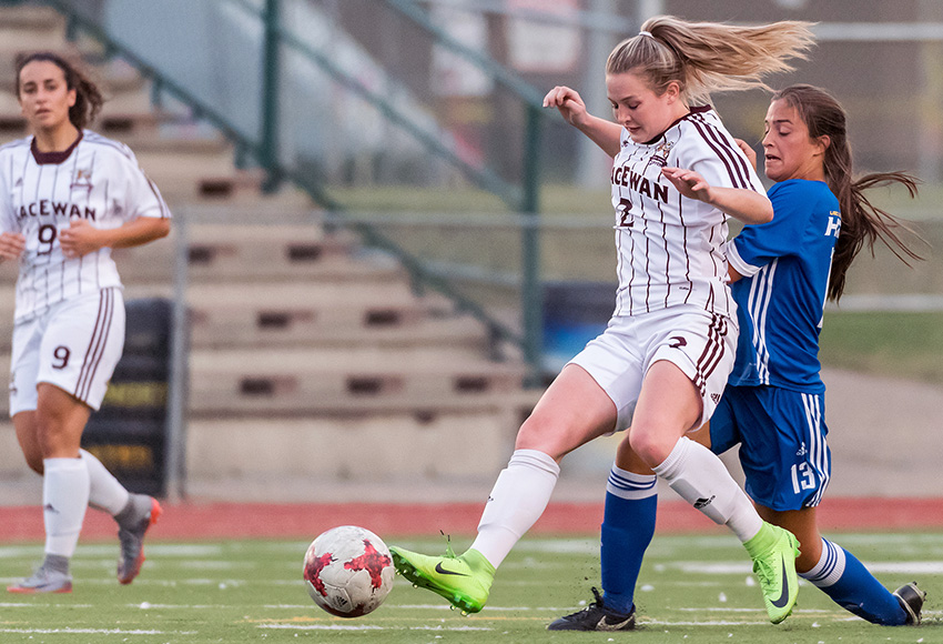 Meagan Lemoine moves the ball upfield in action against UBC-Okanagan earlier this season. The Griffins will face the Heat on Saturday before closing out the Canada West regular season at Thompson Rivers University on Sunday (Chris Piggott photo).