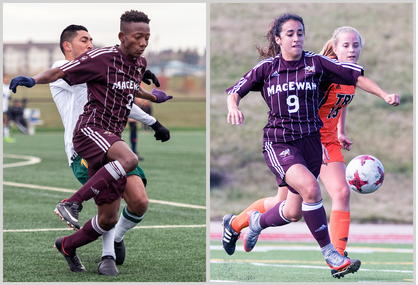 Zibusiso Moyo, left, and the MacEwan men's soccer team will open the 2018 Canada West season on Aug. 25 against cross-town rival U of A at their new home (Clarke Stadium), while the Suekiana Choucair, right, and the Griffins women's squad will kick off their campaign on the road at Thompson Rivers University on Sept. 8 (Chris Piggott photos).