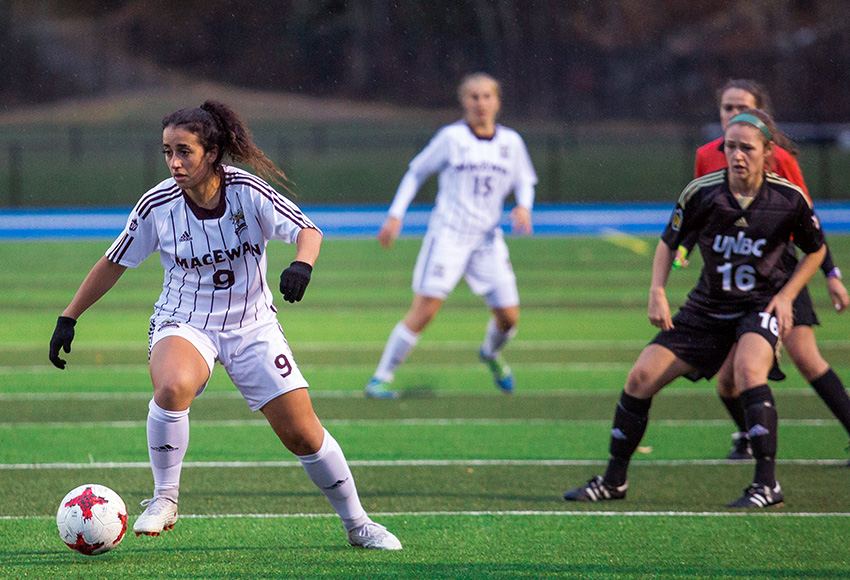 Suekiana Choucair moves the ball upfield against UNBC on Saturday night. She moved into the top 10 in career Canada West shots on goal with three more on Saturday to bring her total to 90. More importantly, though, Choucair and the Griffins earned a 2-1 win (Rich Abney photo).