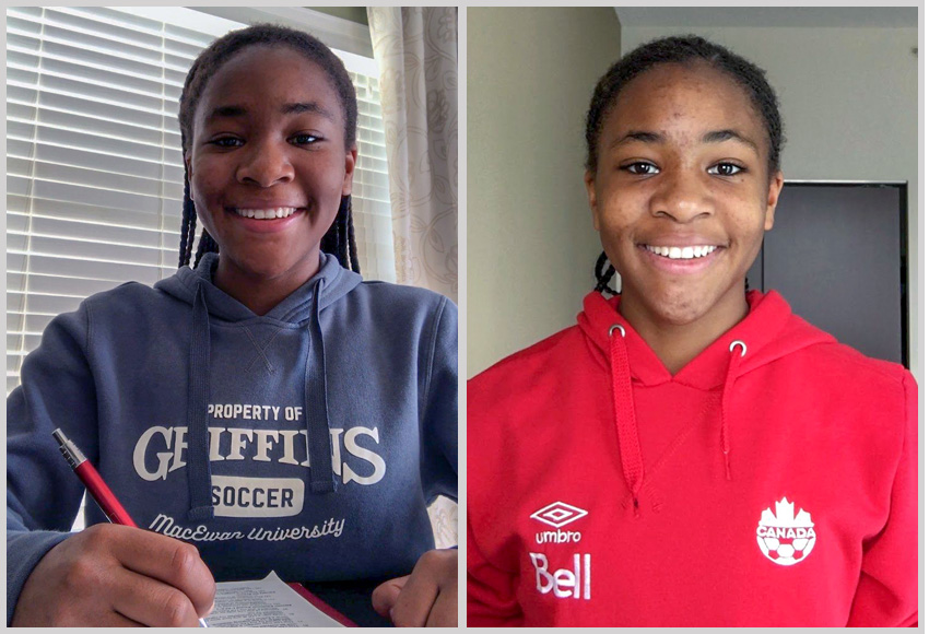 Grace Mwasalla, at left signing with the Griffins, and, at right, attending a Team Canada U17 identification camp, has the potential to be a game-changing player for MacEwan, starting in 2020.