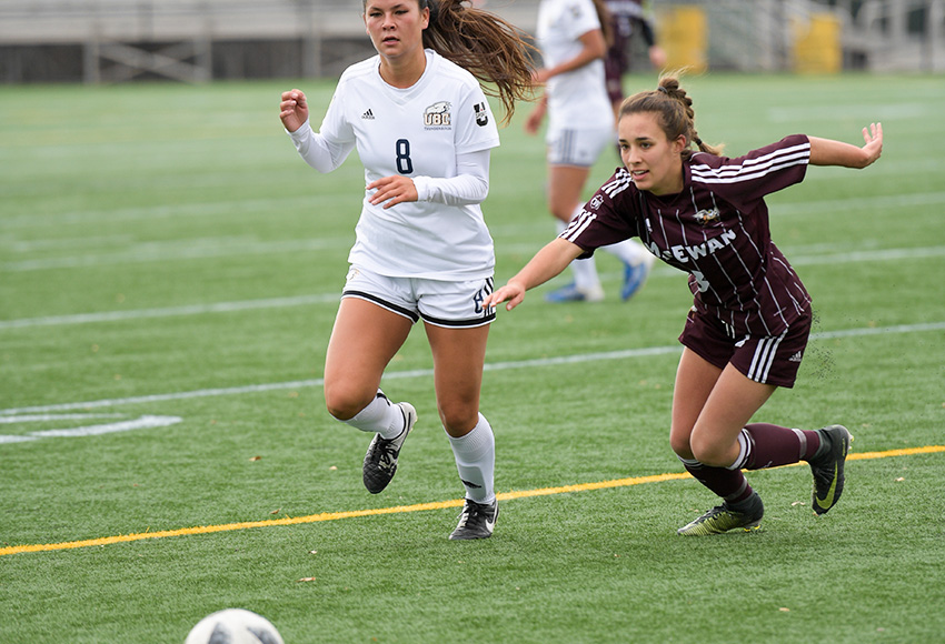 Brittany Costa, right, races UBC's Rachel Kordysz for a loose ball during a meeting last month at Clarke Stadium. The Griffins are chasing the Thunderbirds and Trinity Western Spartans for top spot in the Pacific Division (Chris Piggott photo).