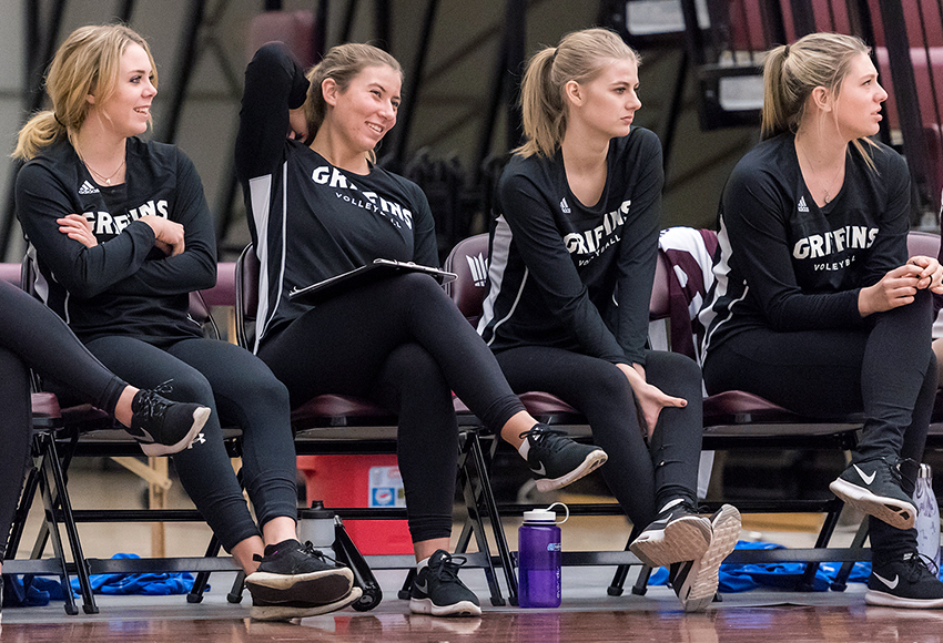 Kylie Schubert, second from left, spent nearly the entire 2016-17 season on the bench as she allowed a partial ACL tear to heal. But she recently returned to action for the Griffins and will play her first home match on Friday vs. Trinity Western (Chris Piggott photo).