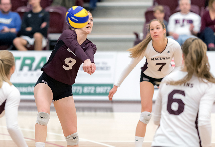 Karly Edgar bumps a ball during a match against UBC-Okanagan last weekend. The libero set a new MacEwan Canada West record with 35 digs in Saturday's 3-2 loss at Manitoba (Chris Piggott photo).