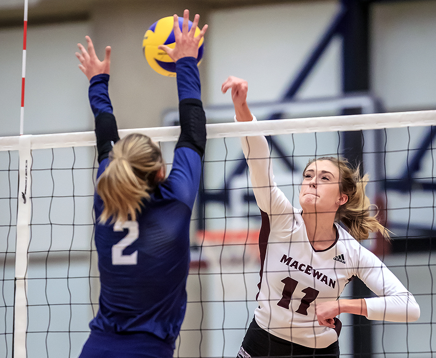 McKenna Stevenson, seen in action against Mount Royal in the preseason, and the rest of the Griffins pushed Thompson Rivers to five sets but lost their season opener on Friday night (Robert Antoniuk photo).