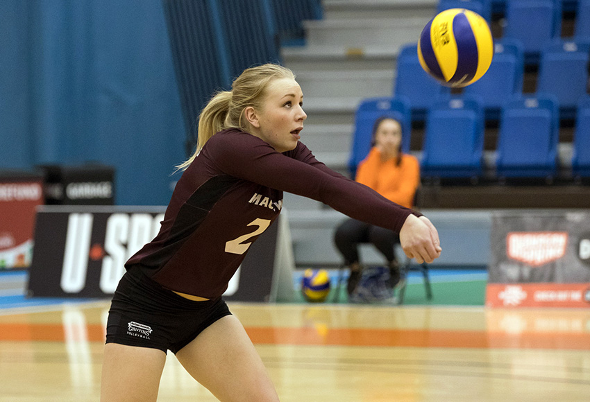 Hailey Cornelis passes the ball on Friday against TRU. The Griffins won in straight sets to improve to 5-4 on the season (Andrew Snucins photo).