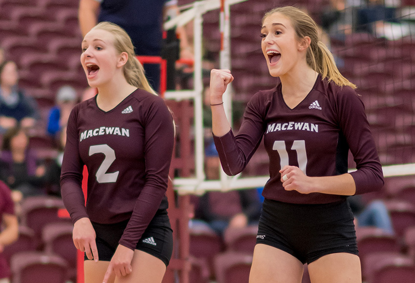 McKenna Stevenson, right, seen celebrating a point with Hailey Cornelis during a game earlier this season, leads the Griffins with 78 kills (Chris Piggott photo).