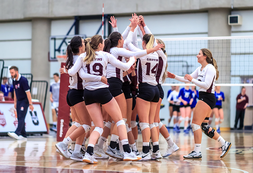 The MacEwan Griffins women's volleyball team celebrates a win over UBC-Okanagan earlier this season. They will aim to keep things rolling against cross-town rival Alberta this weekend (Robert Antoniuk photo).