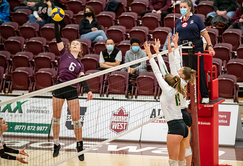 Erica Bolink, seen hitting against Alberta during a match last weekend, led the Griffins with seven kills in Friday's 3-0 loss to Mount Royal University (Eduardo Perez photo).